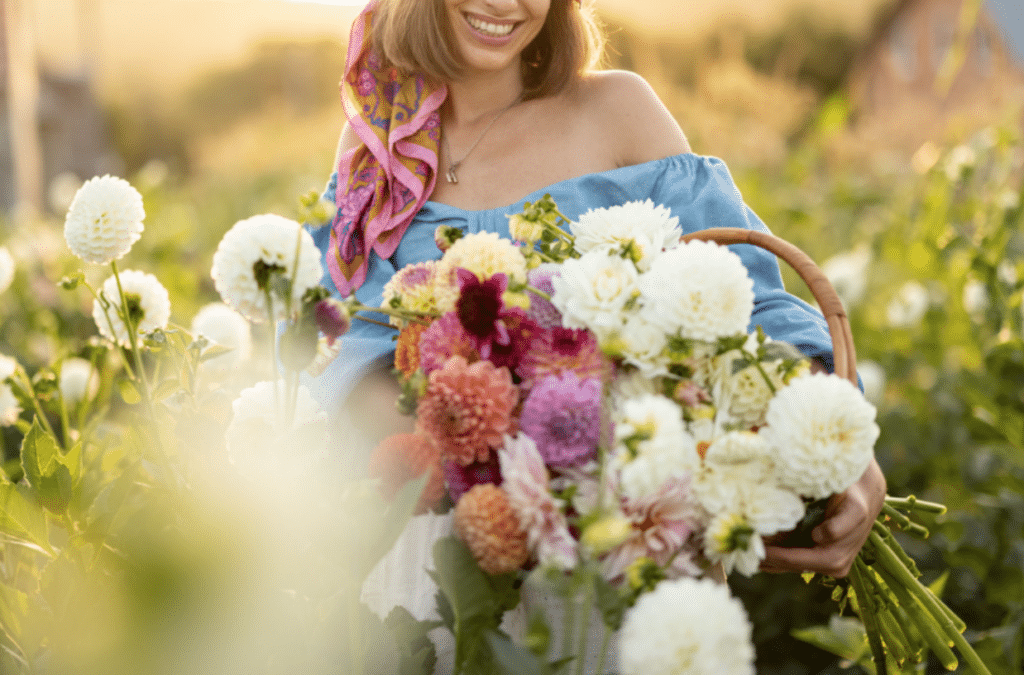 woman with flowers in a basket